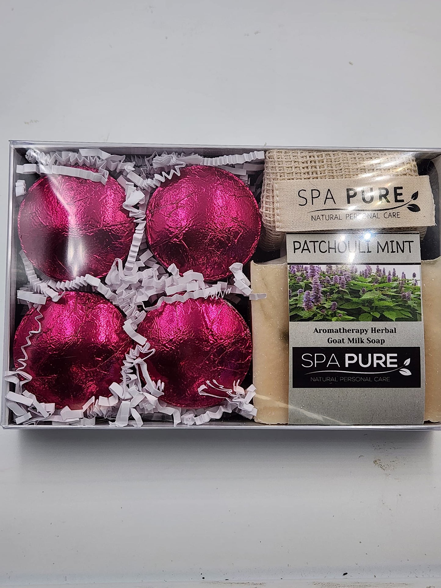 Spa Pure Aromatherapy Gift Set: Patchouli Mint Artisan soap, Shower Steamers, made with plant based ingredients, Cotton Soap & Steamer bag (Patchouli Beauty and Personal Care Spa Pure