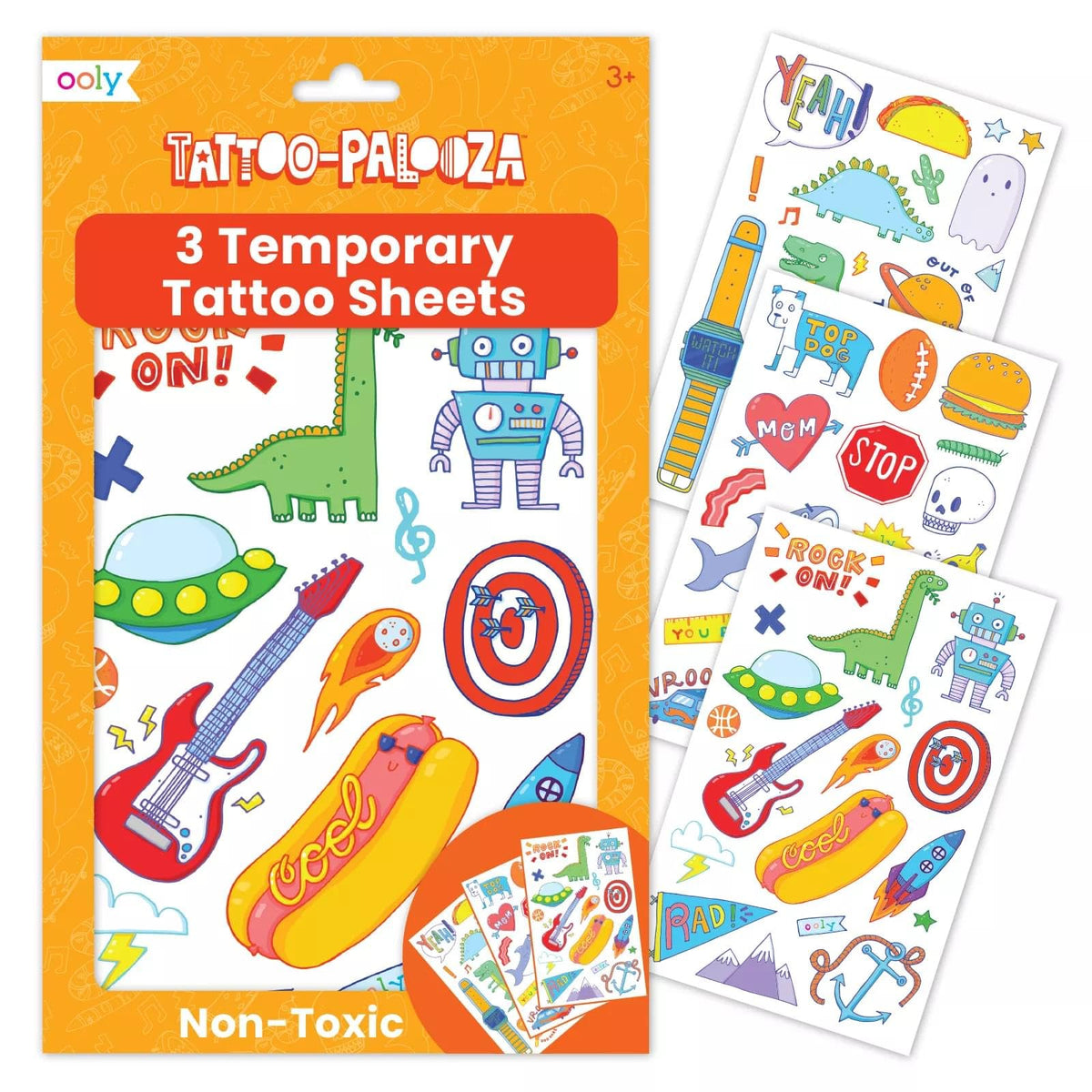 OOLY Temporary Tattoos for Kids, 50 Pc - Dinosaur, Guitar, Robot and More