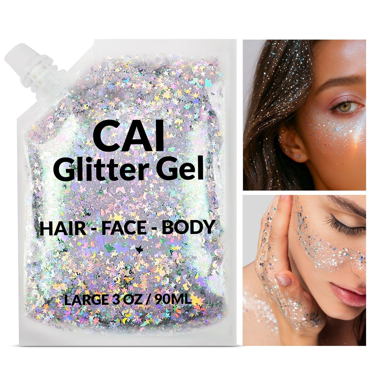 Face, Body & Hair Glitter Gel - Halloween Glitter for Kids and Women - 3 Oz Cosmetic-Grade Gel w/Moon & Stars for Festivals & Halloween Party, Easy Beauty & Personal Care CAI BEAUTY NYC