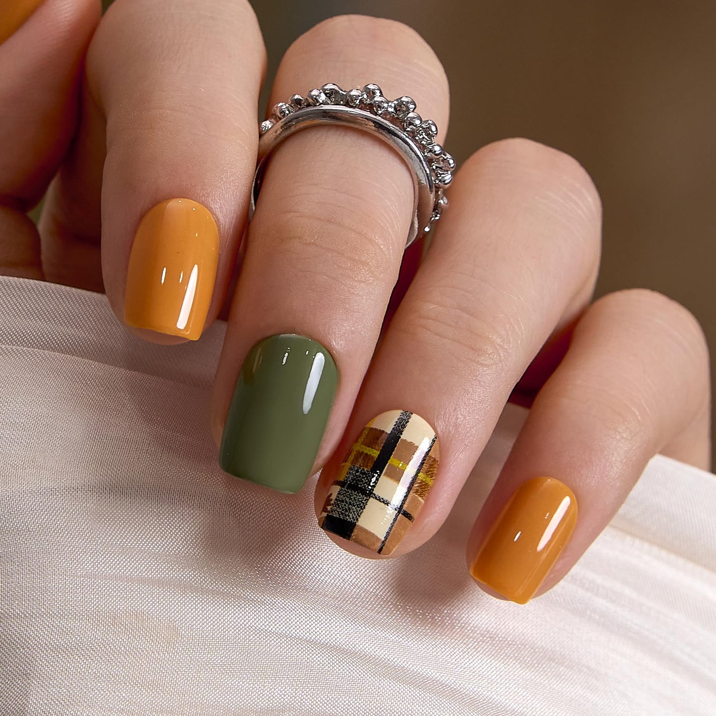 Curvlife Soft Gel Square Press On Nails Short - Mustard and Olive Plaid Reusable False Natural Fit Fake Nails Tips Stick Ons, Salon Quality UV Finish Beauty and Personal Care CurvLife Default Title