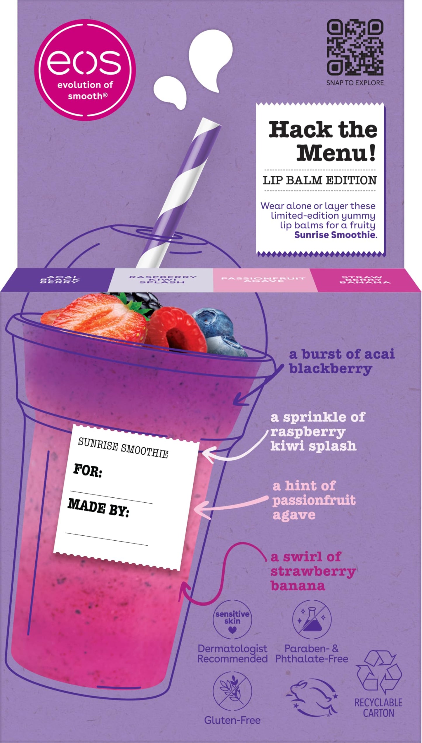 eos Flavor Lab Secret Menu Lip Balm Gift Set - Sunrise Smoothie, Limited-Edition, Moisturizing Care for Dry Lips, Variety Pack, 0.14 oz, 4-Pack Beauty and Personal Care eos