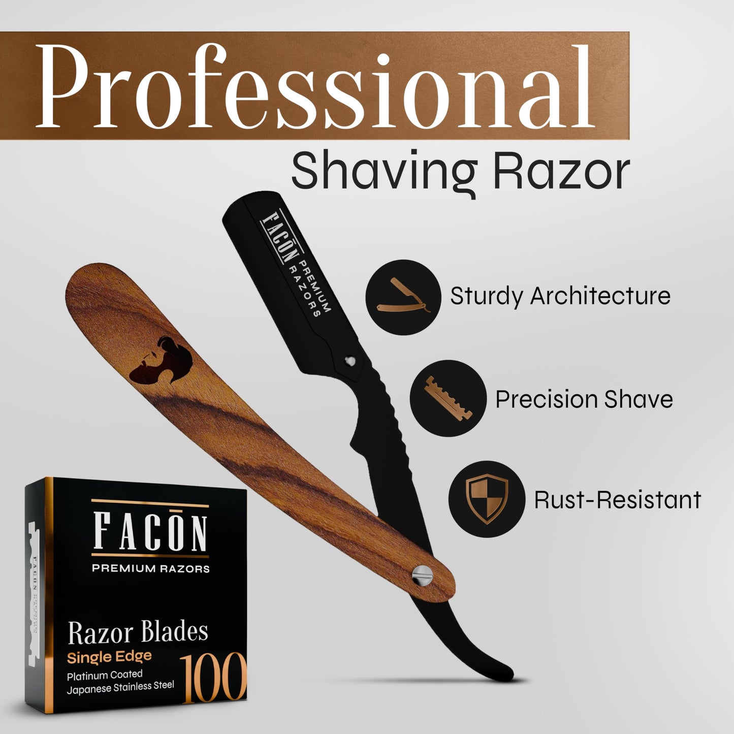 Facón Straight Razors for Men - Professional Barber Straight Edge Razor Kit with 100 Blades, Wooden Stainless Steel Barbero Shaver for a Smooth Beauty and Personal Care FACON