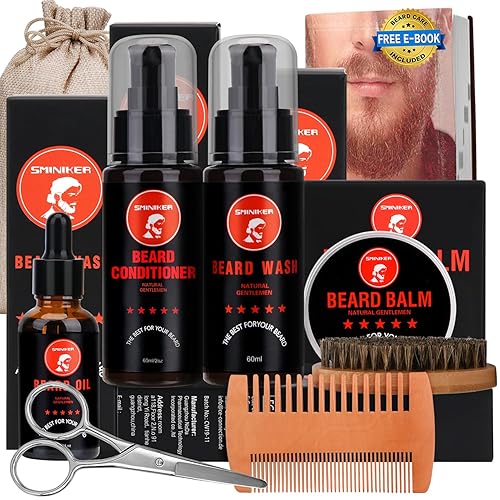 SMINIKER Beard Grooming Kit, Beard Oil, Beard Balm, Beard Shampoo, Beard Conditioner, Beard Brush, Beard Comb and Beard Mustache Scissors Beard Care Beauty & Personal Care SMINIKER