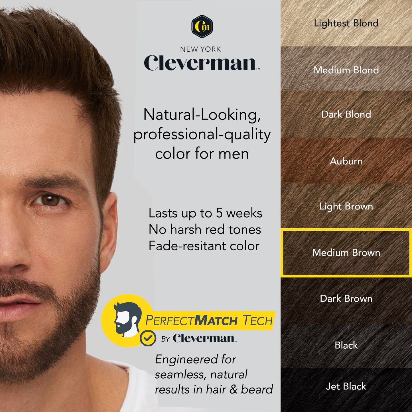 Reusable Hair & Beard Dye for Men - Medium Brown | Up to 5 Uses, 7 Minutes | Natural Gray Coverage, No-Drip Cream with SkinArmour - Cleverman Beauty & Personal Care CLEVERMAN