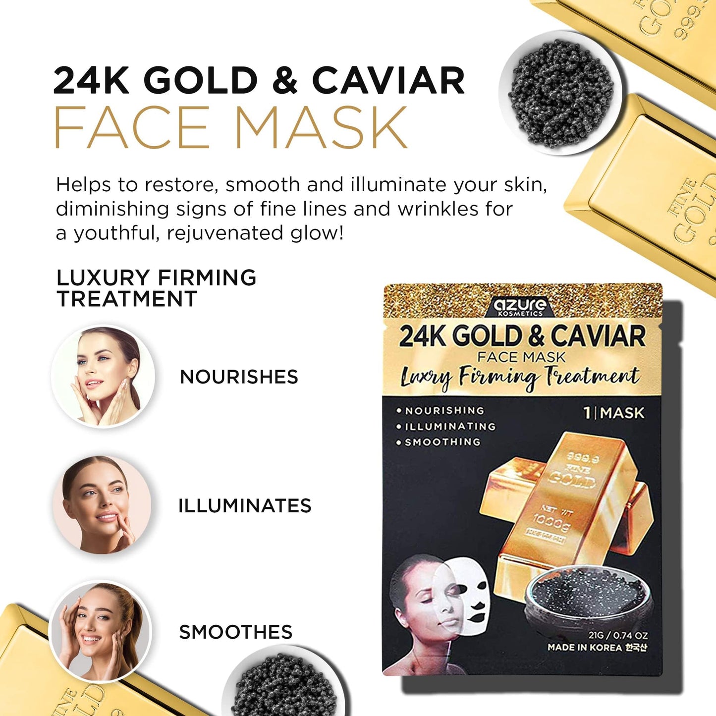 Azure Cosmetics 24K Gold and Caviar Anti Aging Luxury Face Mask - Hydrating & Firming Facial Mask - Helps Reduce Wrinkles & Fine Lines - Beauty & Personal Care Azure Cosmetics