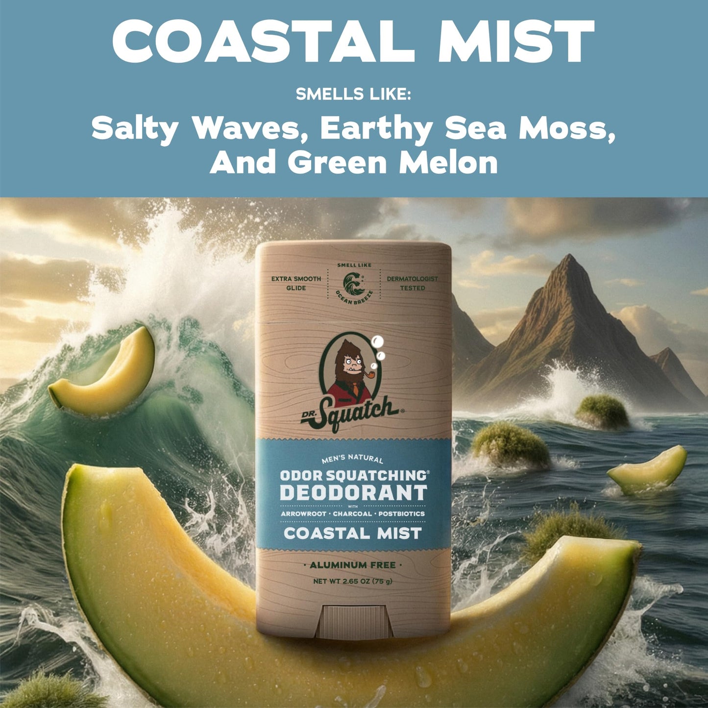 Dr. Squatch Natural Men’s Deodorant - Aluminum Free Natural Deodorant Men with Charcoal & Postbiotics for 72-Hour Odor Protection - Coastal Mist Beauty and Personal Care Dr. Squatch