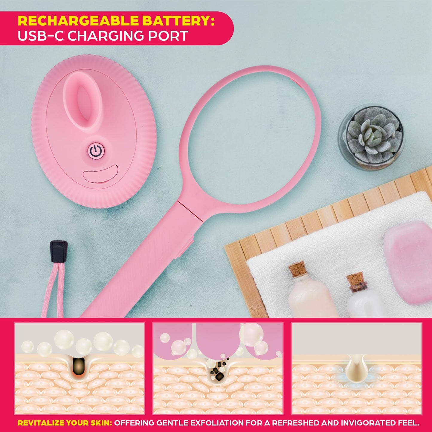 Bella Ciao Electric Back Scrubber for Shower & Face - Vibrating Silicone Body Brush, Exfoliating Loofah Cleaner with Extendable Handle, USB-C Beauty and Personal Care Bella Ciao