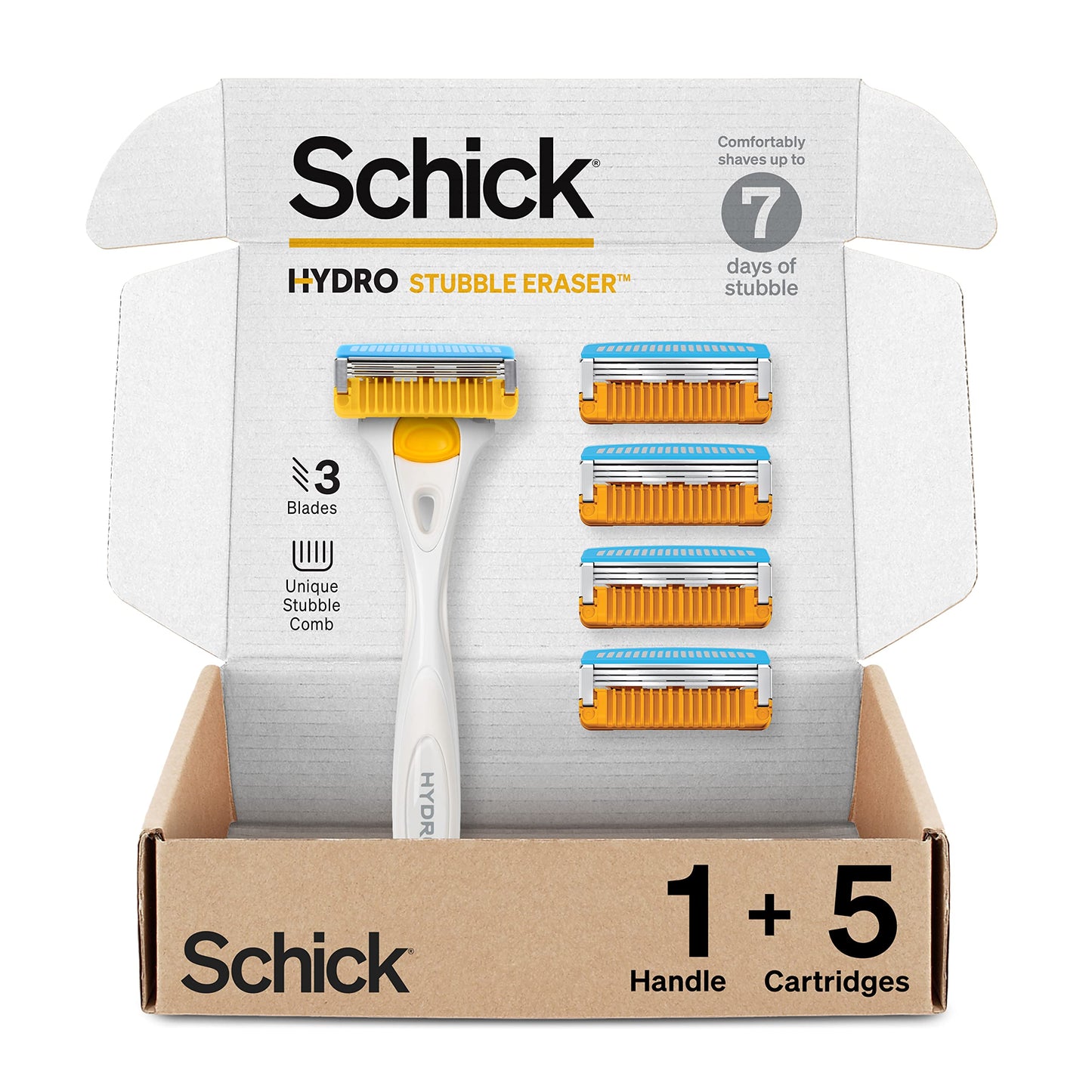 Schick Hydro Stubble Eraser Razors for Men - 3-Blade Mens Razors for Shaving, 1 Mens Razor Handle with Stubble Comb and 5 Razor Blades Refills Beauty and Personal Care Schick