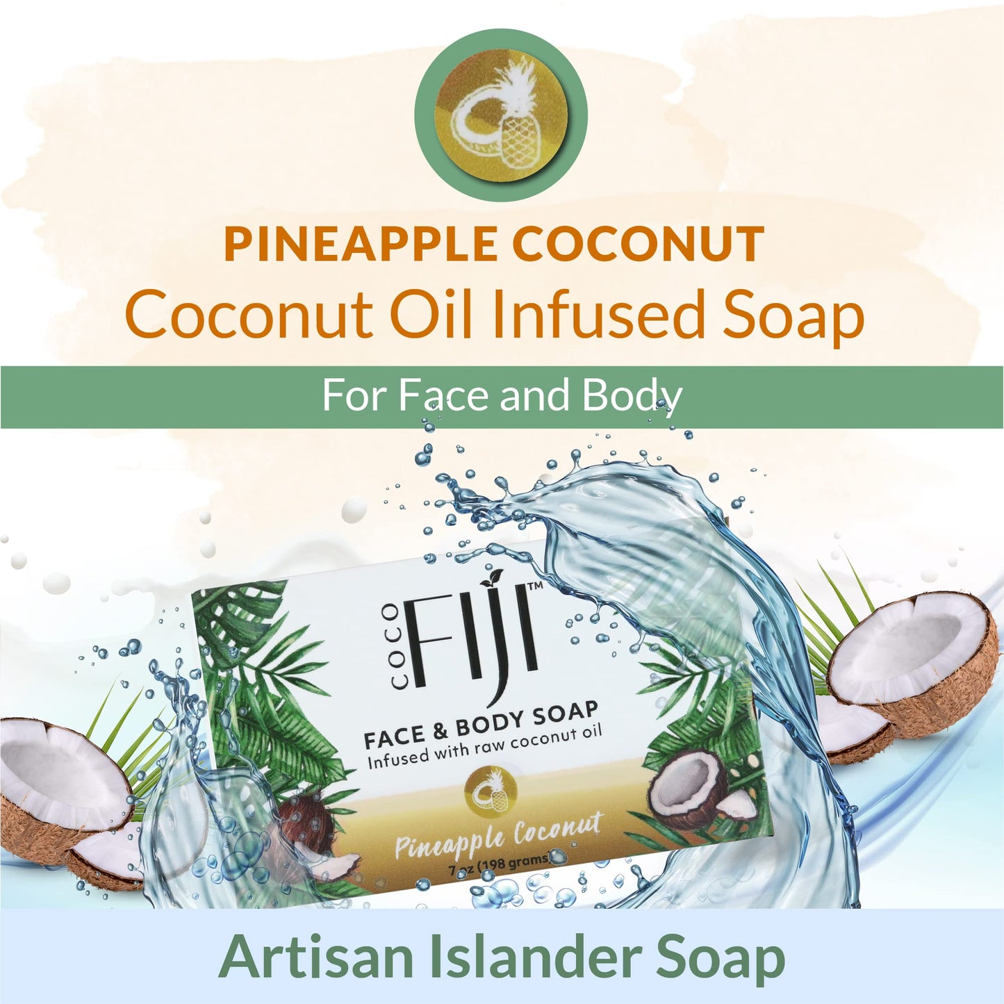 "Coco Fiji Soap Bar for Face and Body Infused With Organic Coconut Oil, Pineapple Coconut Essential Oil, Natural Soap for Moisturizing & Pore Beauty & Personal Care Organic Fiji