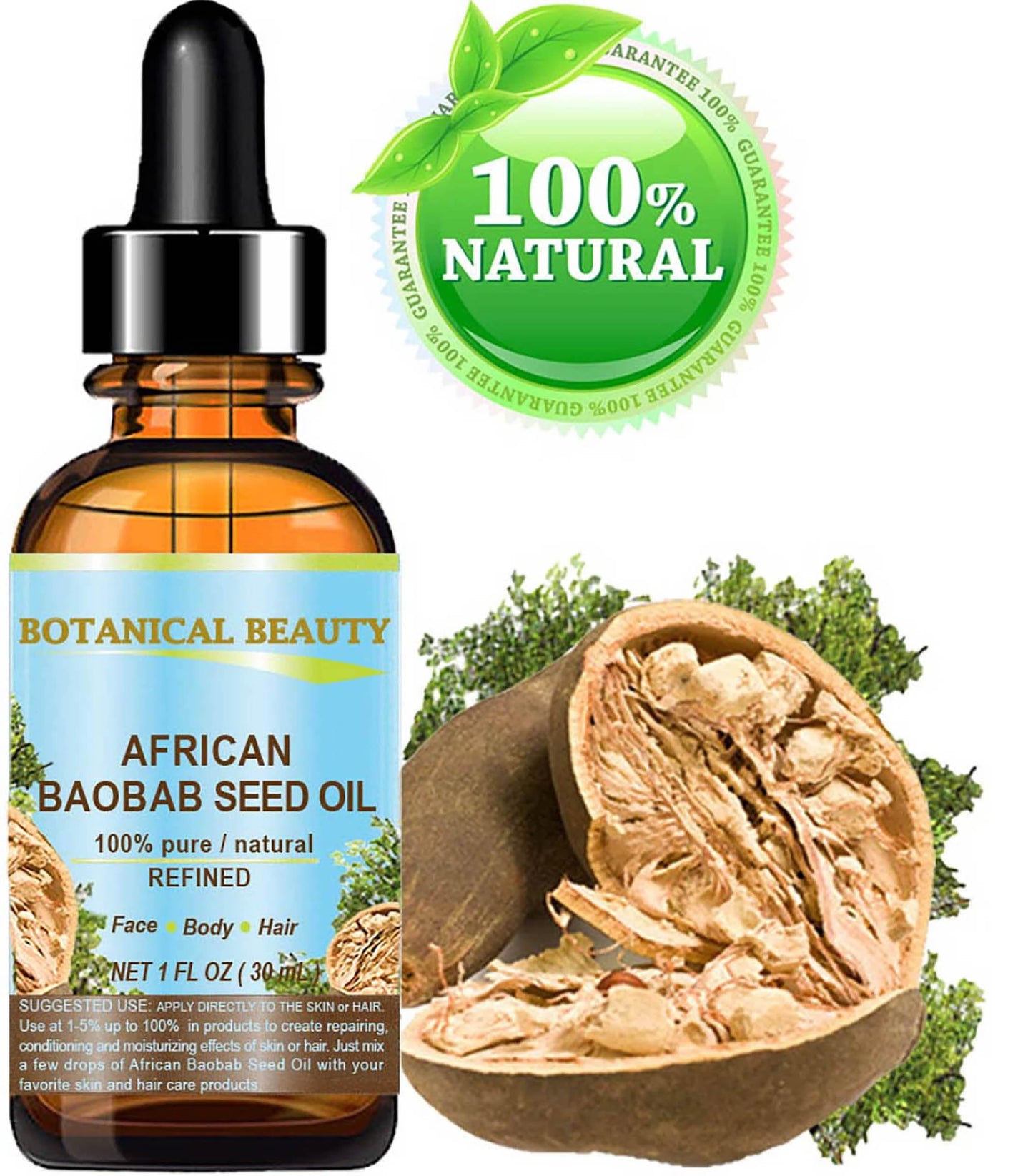 Botanical Beauty BAOBAB SEED OIL 100% Pure Natural Refined Cold-Pressed Carrier Oil 1 Fl oz 30 ml For Face Skin Body Hair Lip Nails Rich in Vitamin C Beauty & Personal Care Botanical Beauty
