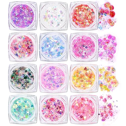 Ownest 12 Colors Holographic Chunky Glitter Gel Set, Christmas Party Makeup Face Body Eye Lips Hair Nail Cosmetic Festival Chunky Glitter Eyeshadow Beauty & Personal Care Ownest
