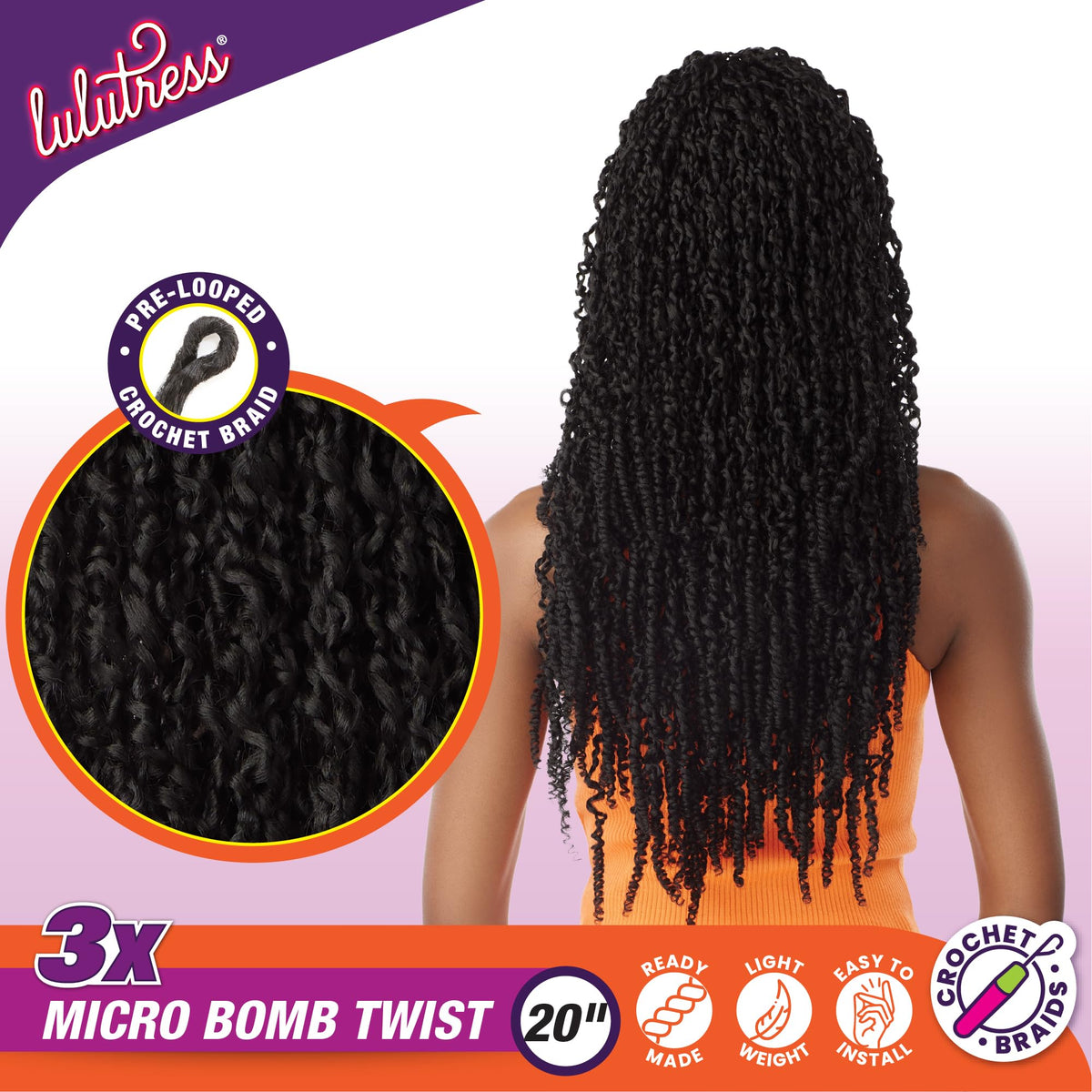 Sensationnel Lulutress Crochet Braiding Hair-3X Micro Bomb,20in, SM1B/350