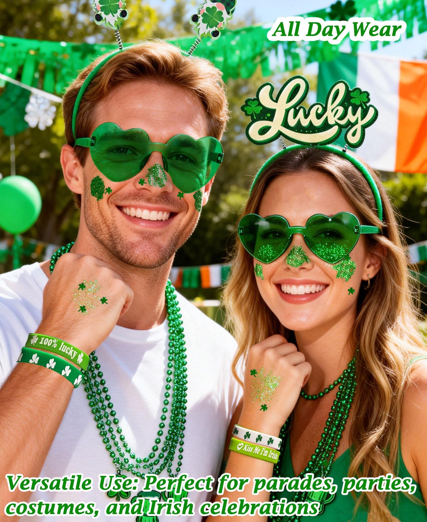 QVAIVE 117 Pcs St Patricks Day Accessories Party Favor Set with Custom Shamrock Glitter Gel,Glasses,Headbands,Bracelets,Necklaces for Irish Parades Beauty & Personal Care QVAIVE