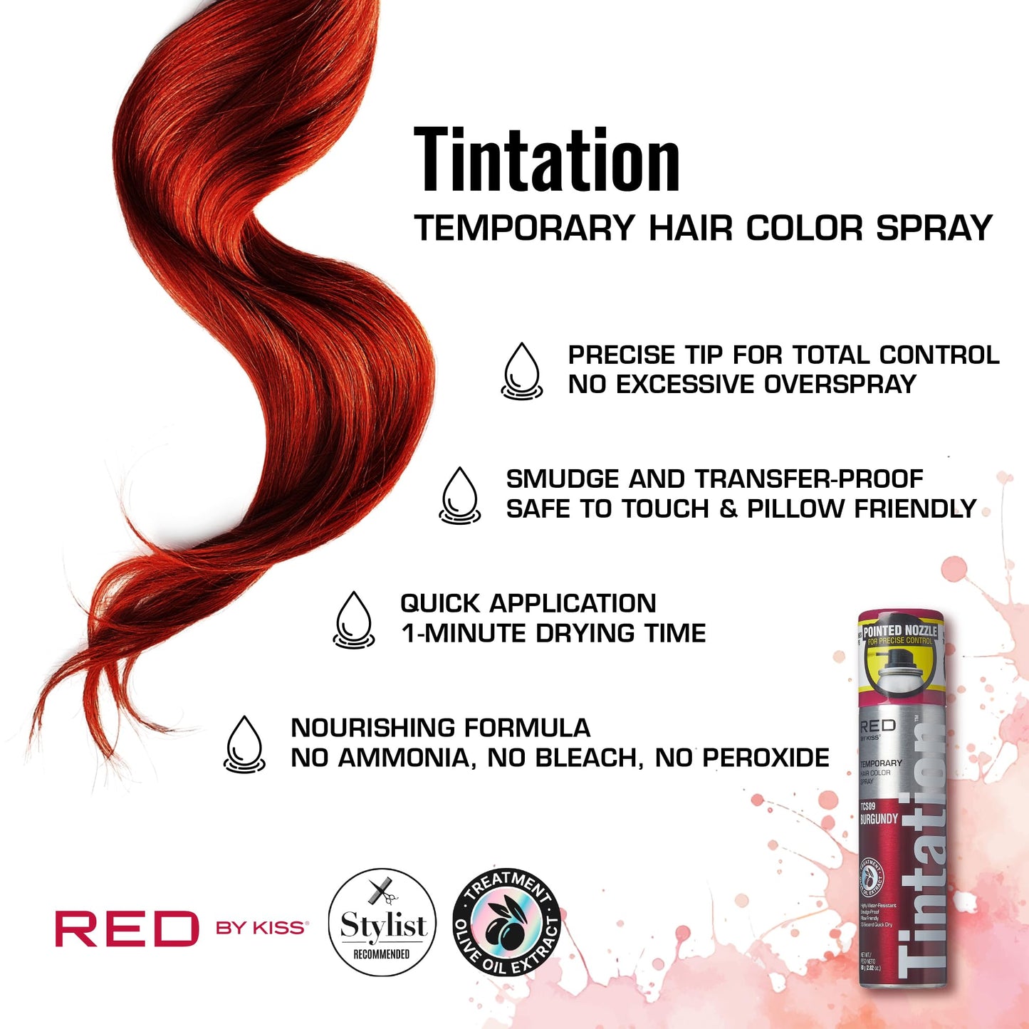 Red by Kiss Tintation Temporary Hair Color Spray 2.82oz, Quick-Dry & Smudge-Proof, Vivid Color Washable Hair Dye, Styling Spray Cosplay Halloween Beauty & Personal Care Red by Kiss