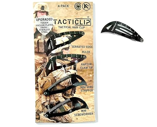 Tactical Hair Clips, 4 Pack - Black - Multitool Snap Barrettes - Laser Engraved, Vacuum Plated, Multi-Functional Keychain Multi Tool - Box Cutter Beauty & Personal Care Tacticlip