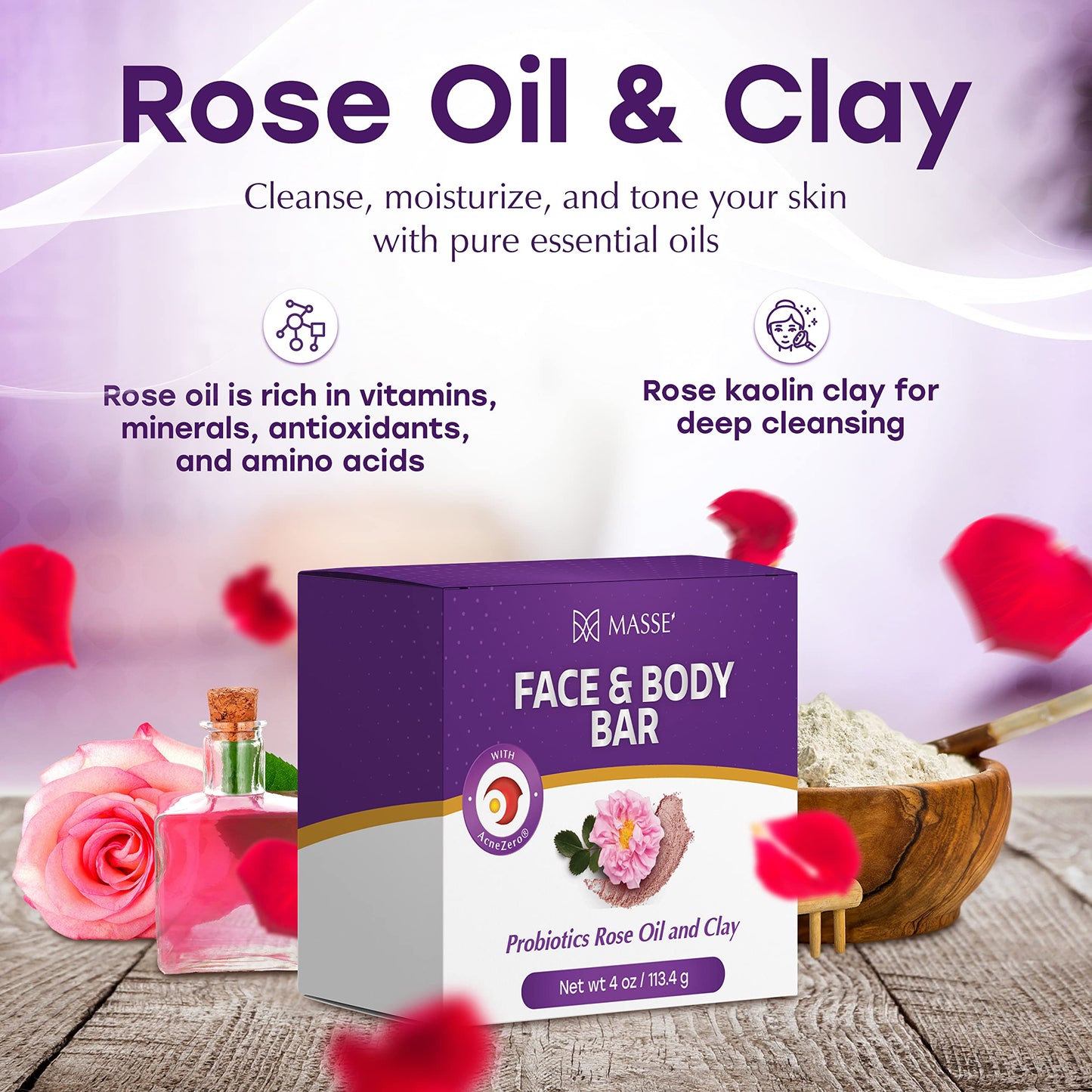 MASSE' Face & Body Bar - Probiotic with Rose Oil & Clay Infused cleansing body bar with Coleus, Vitex Berry Extracts - For Men and Women - Ideal Beauty & Personal Care MASSE'