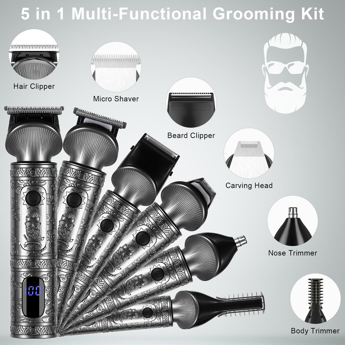 Hatteker Beard Trimmer Kit for Men Professional Hair Clipper T-Blade Beard Hair Shaver Nose Trimmer Hair Cutting Kit Body Grooming Kit Cordless 6 in 1 Beauty and Personal Care Hatteker
