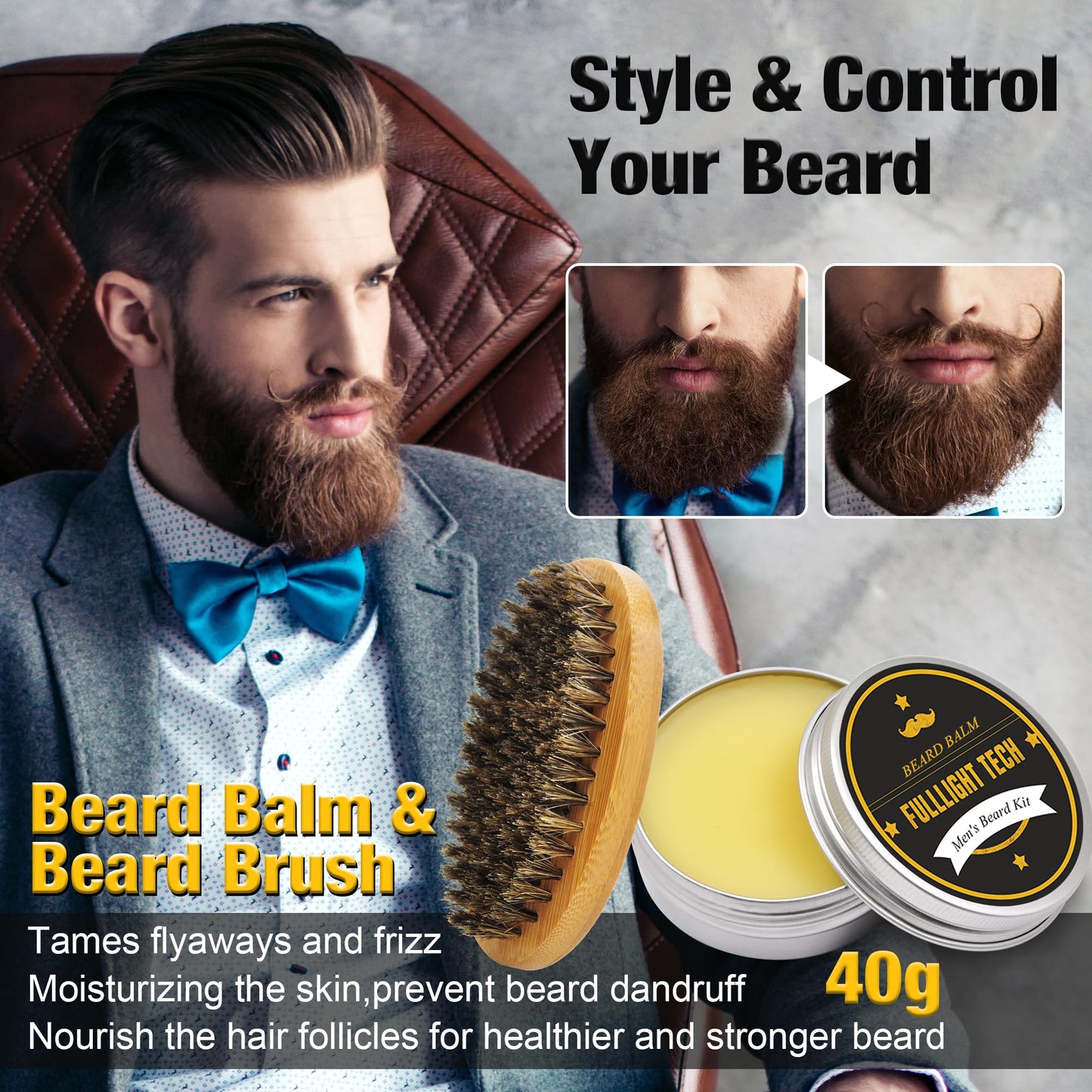 Beard Kit Gifts for Men, 3 Natural Beard Oil, Gently Soothes Itch & Dryness Beauty and Personal Care FULLLIGHT TECH