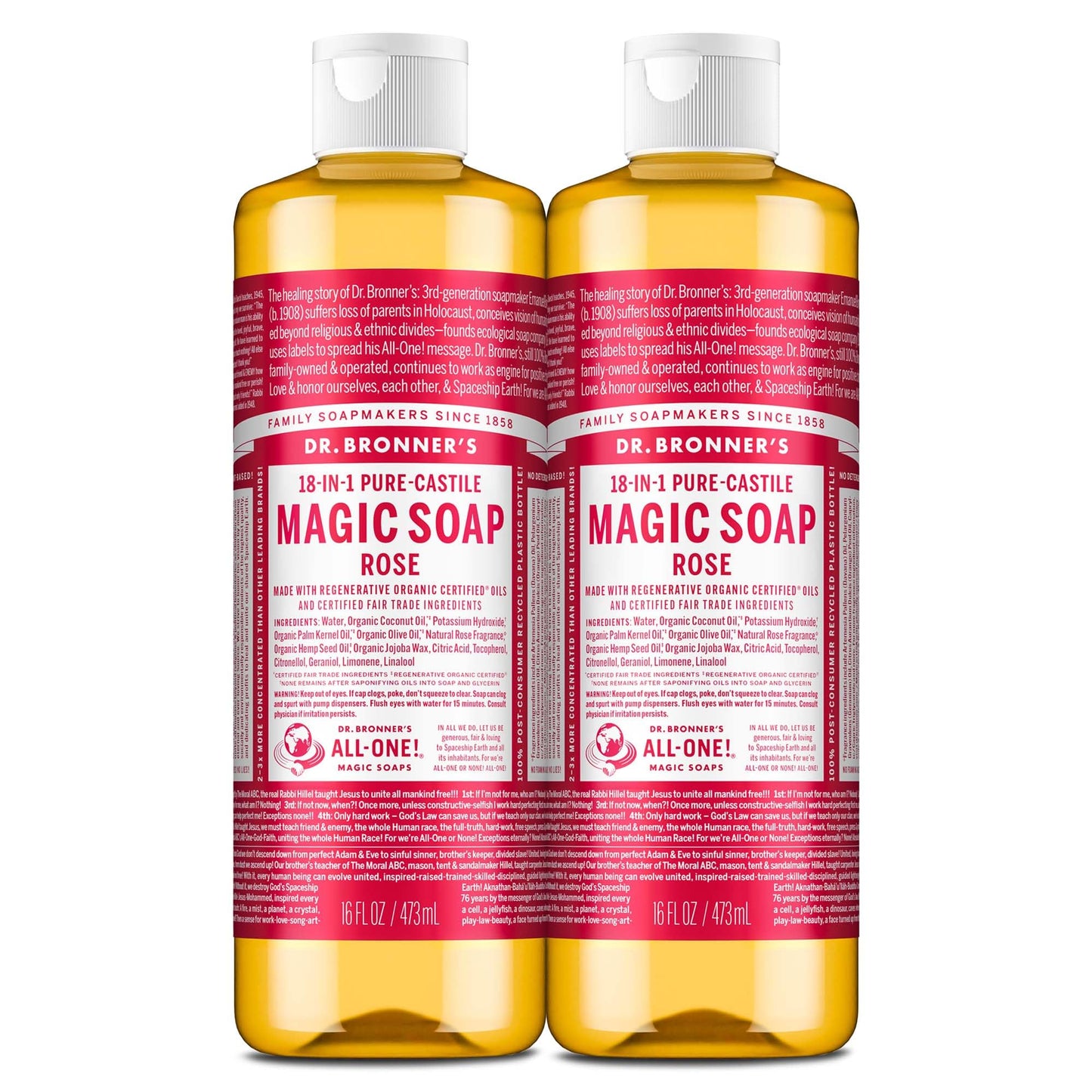 Dr. Bronner's Pure-Castile Magic Liquid Soap (Rose, 16 Ounce, 2-Pack)- Made with Regenerative Organic Certified Oils, 18-in1 Uses: Face, Hair, Hand Beauty & Personal Care Dr. Bronner's
