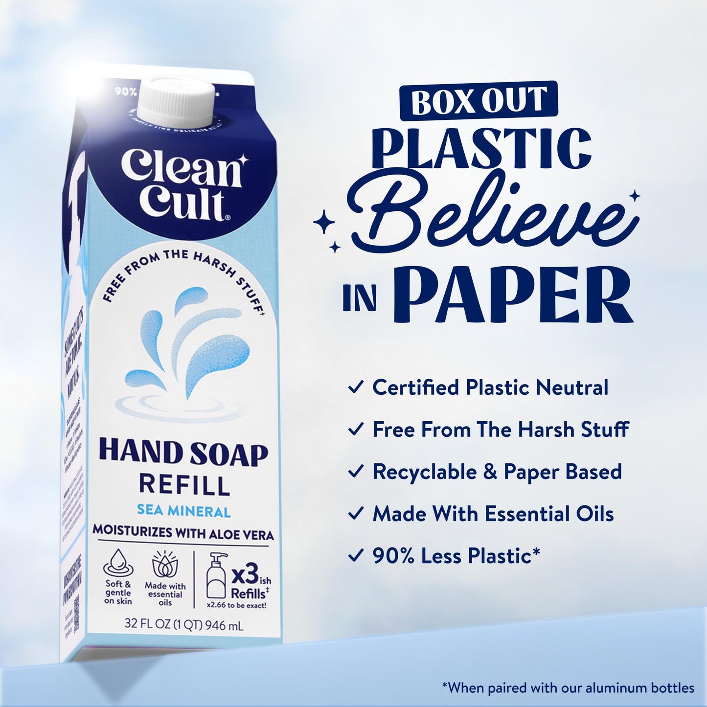 Cleancult Liquid Hand Soap Refill - Sea Minerals - Gentle On Sensitive Skin - Made with Aloe Vera & Essential Oils - Eco Friendly - Paper-Based Beauty & Personal Care Cleancult