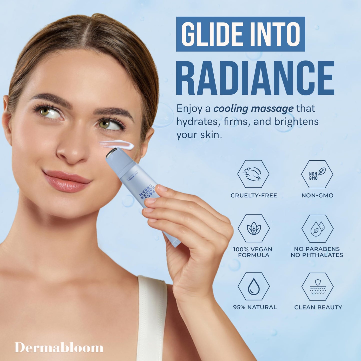 Dermabloom Hyaluronic Acid Face Roller Cream - Hydrates, Plumps, Firms, Depuffs - Dermatologist Tested, Anti-Aging, Korean Skin Care - Vegan, Clean Beauty & Personal Care Dermabloom