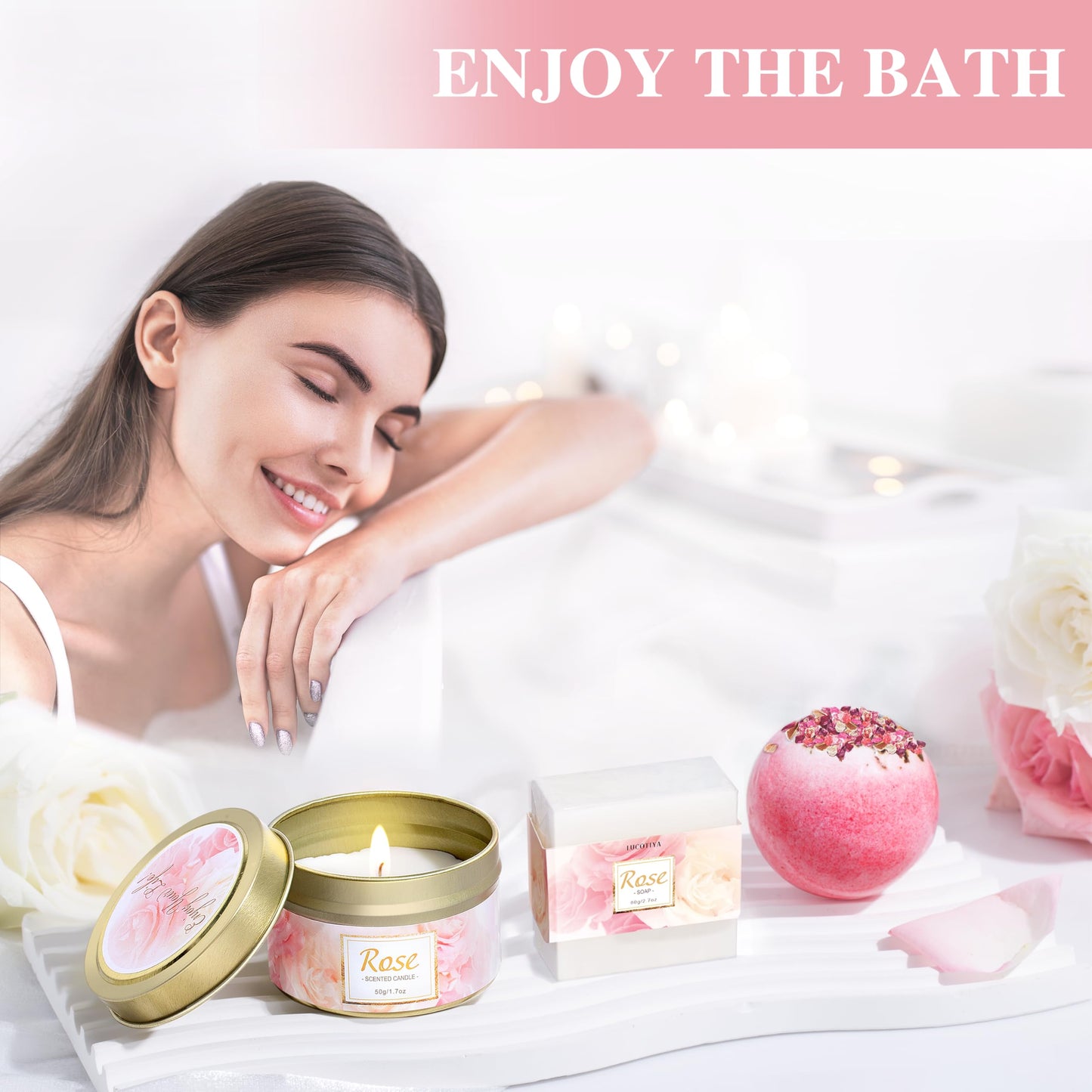 Gifts for Women, Happy Birthday Gifts for Women, Mothers Bath and Body Gift for Woman with Unique Rose Self Care Gift, Home Spa Gift Basket for Mom Beauty and Personal Care LUCOTIYA