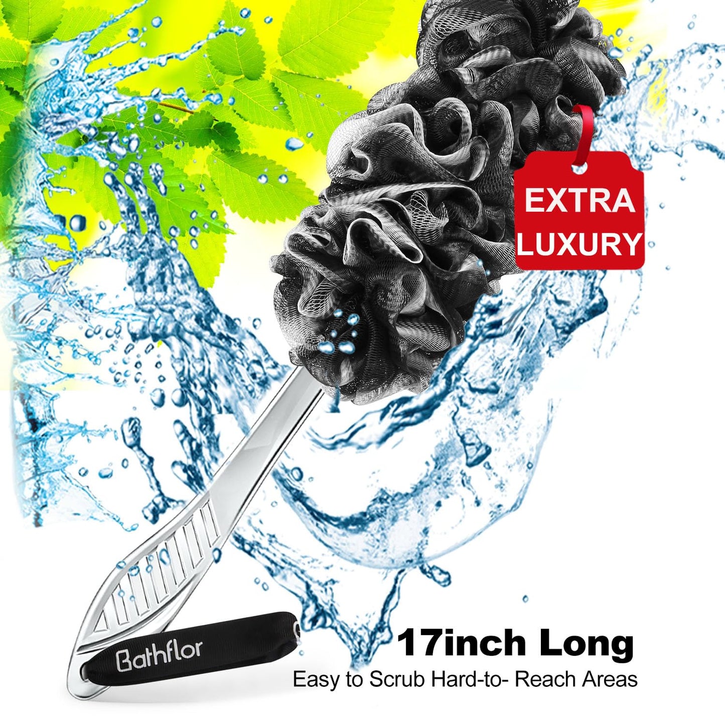 Bathflor Loofah Sponge Exfoliating Body Scrubber: 4PCS Extra Large 80g Shower Loofahs Poufs, 1PCS Long Handle Loofa Back Scrubber, 1PCS Luffa Hook Beauty & Personal Care Bathflor