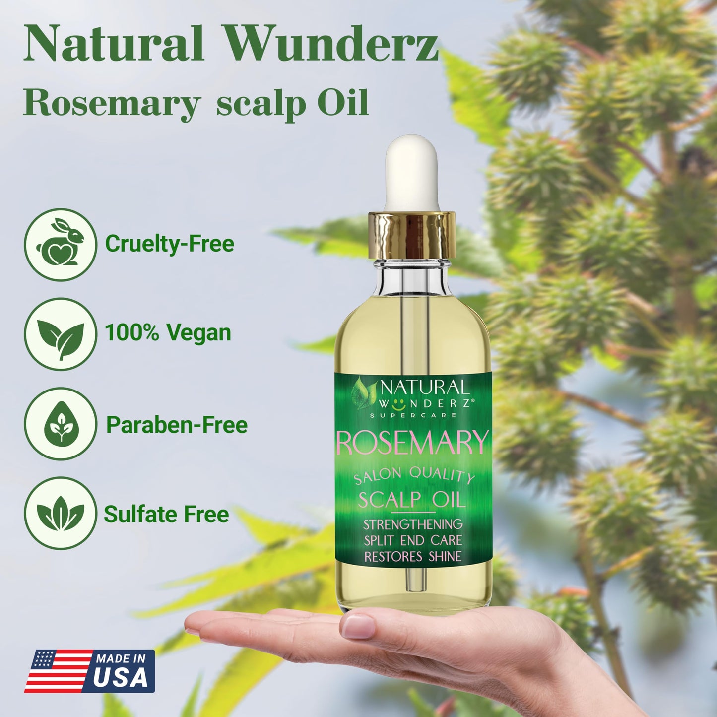 Natural Wunderz Rosemary Hair Oil, Supports Hair Growth, Thickening Serum and Strengthening Split End Case for Dry and Damaged Hair, Sulfate Free Beauty & Personal Care Natural Wunderz