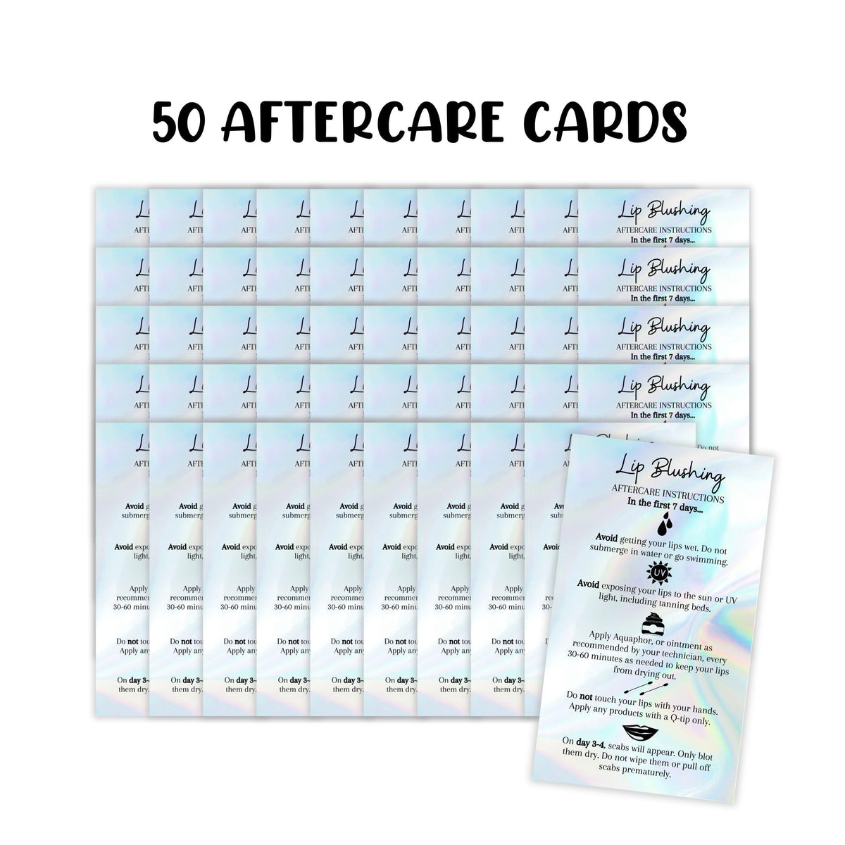 Lip Blush Aftercare Instructions Card | 50 Pack | 2x3.5" inches Business Card Size | Lip Glow Lip Blush PMU Lip Tint Lip Tattoo | Holographic Design Beauty & Personal Care Boutique Marketing LLC