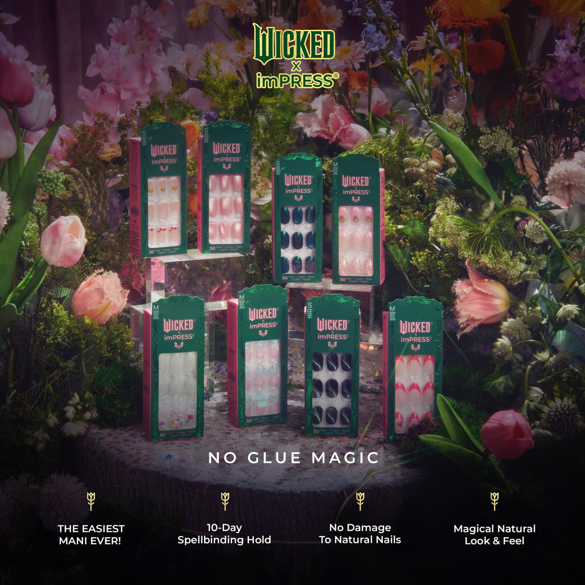 WICKED X imPRESS Press On Nails, New Improved Adhesive, Up To 10 Day Hold, ‘Unlikely Friendship’, Pink, Medium Almond, Includes 30 Fake Nails, 1 Prep