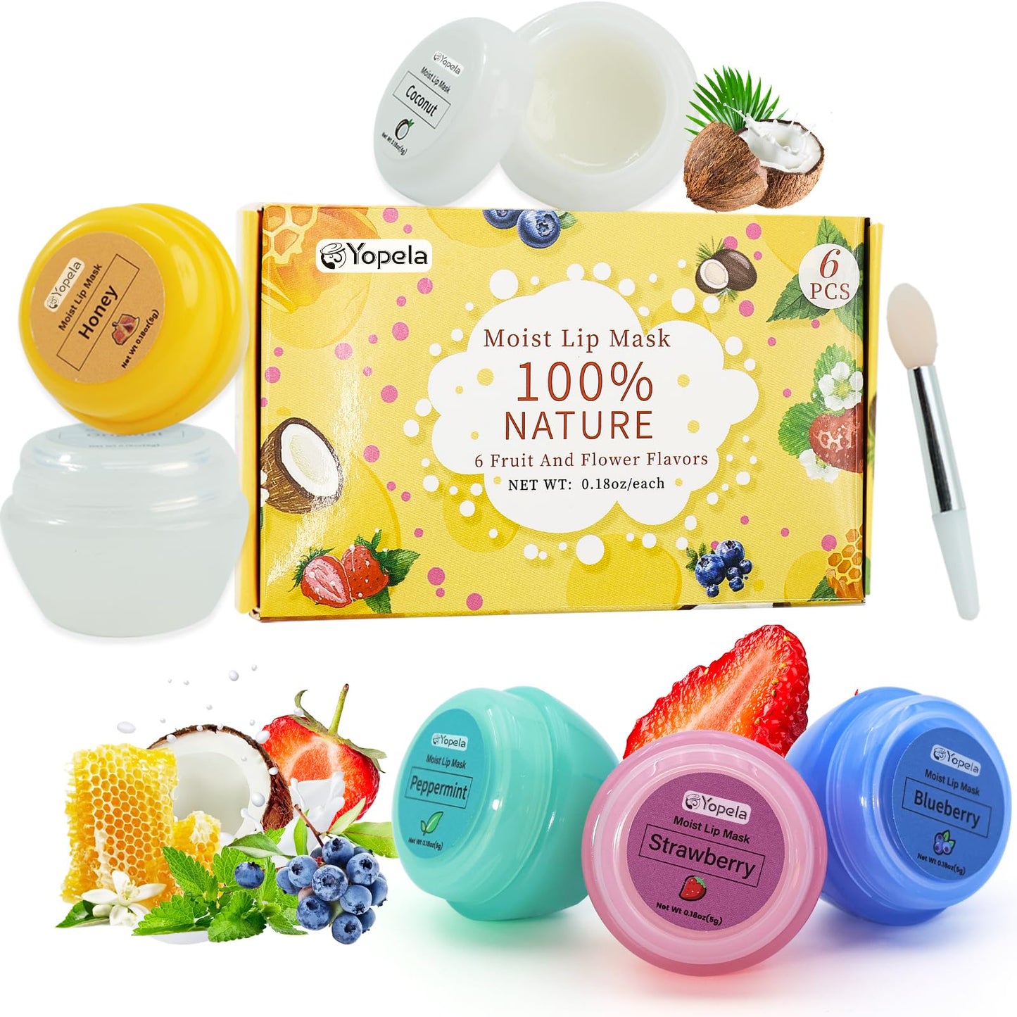 6 Pack Cute Lip Mask Sleeping Overnight for Dry Lips with Coconut Oil and Beeswax -Smoothing Hydrating Softening Plumoing Moisturizing with Small Lip Beauty and Personal Care Yopela
