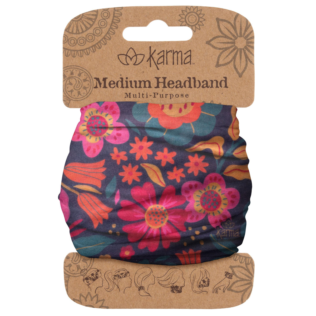 Karma Retro Floral Headband for Women - Medium - Fabric Headband and Stretchy Hair Scarf - Purple