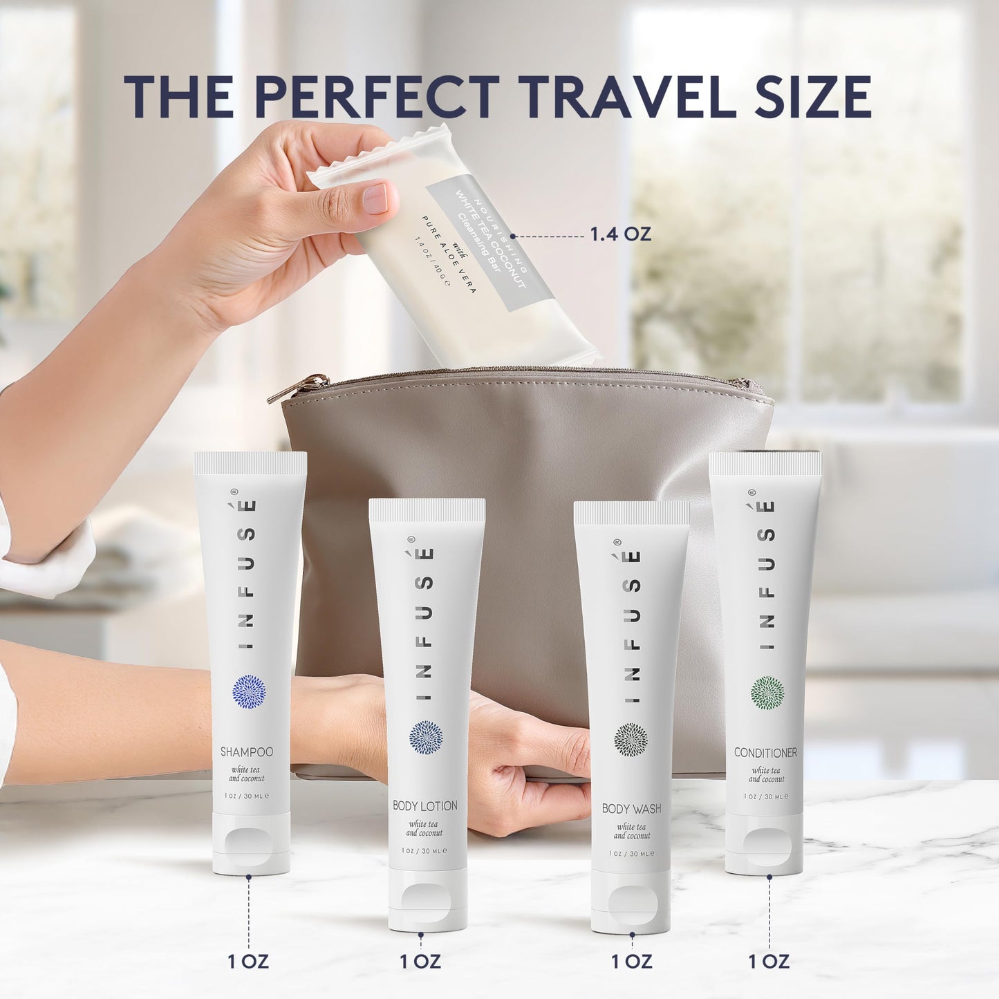 Infuse Pure White Tea and Coconut All-In-Kit Hotel Soaps and Toiletries Bulk Set | 1oz Shampoo & Conditioner, Body Wash, Lotion & 1.25oz Bar Soap | Beauty & Personal Care Terra Pure