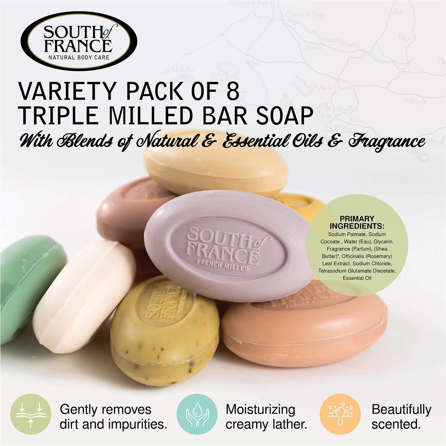 South Of France Natural Body Care Triple Milled Large 6OZ Bar Soap (Variety Pack 1, 8 Bars) Beauty & Personal Care South Of France