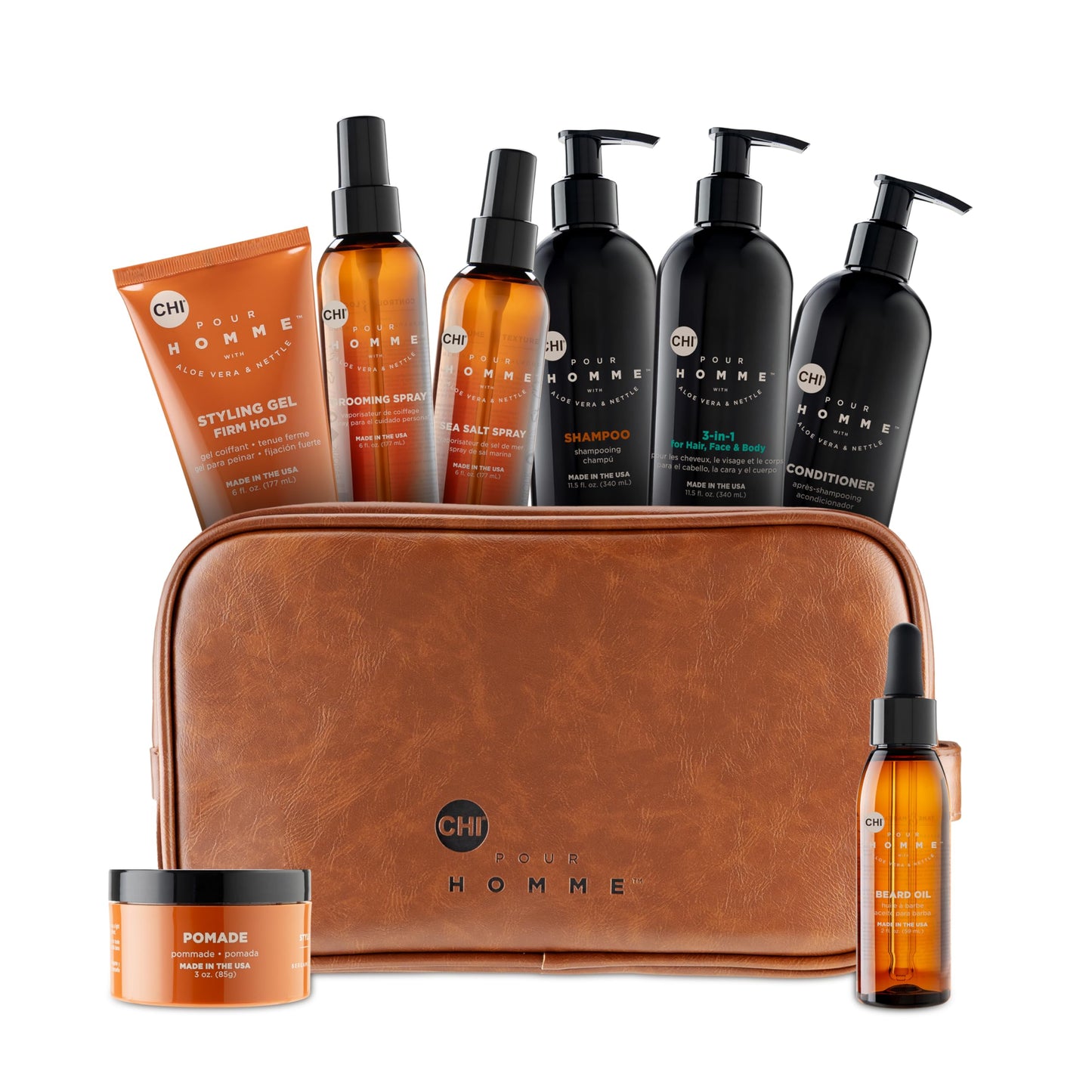 CHI pour Homme Men's Toiletry Kit, Shampoo & Conditioner, 3-in-1 Hair, Face & Body Wash, Hairspray, Grooming Spray, Styling Gel, Pomade & Beard Oil Beauty & Personal Care CHI Pour Homme