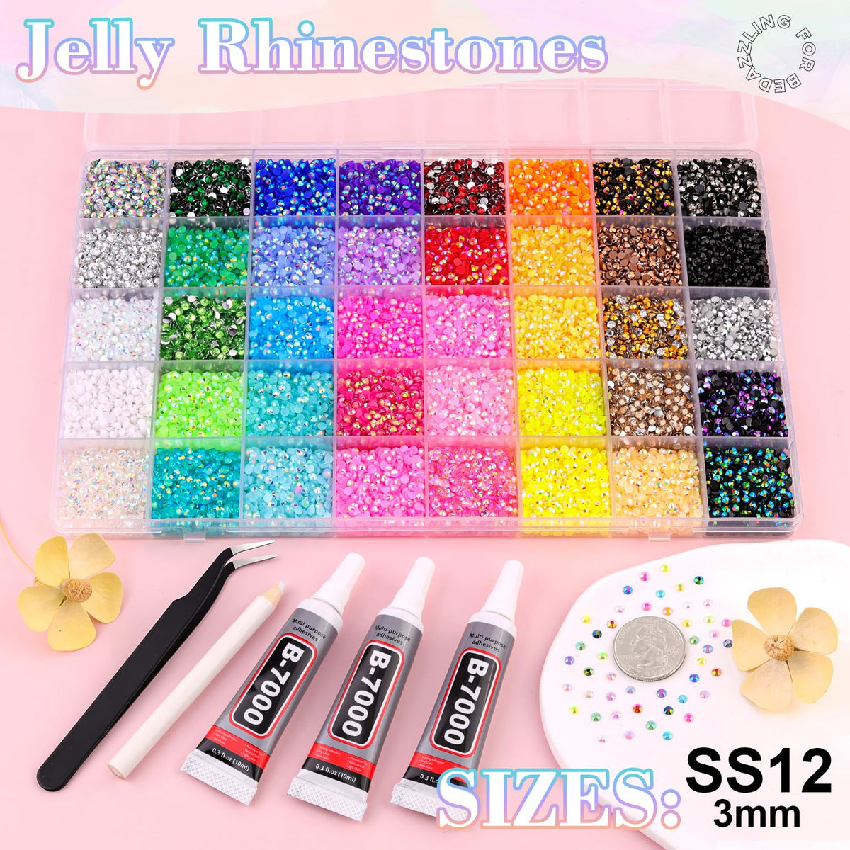 BELLEBOOST 50000Pcs 40 Colors Jelly Rhinestones Bedazzling kit, 3mm Multicolor Resin Flatback Gems for Diamond Art, Bedazzler Kit with 3Pcs 10ml B7000