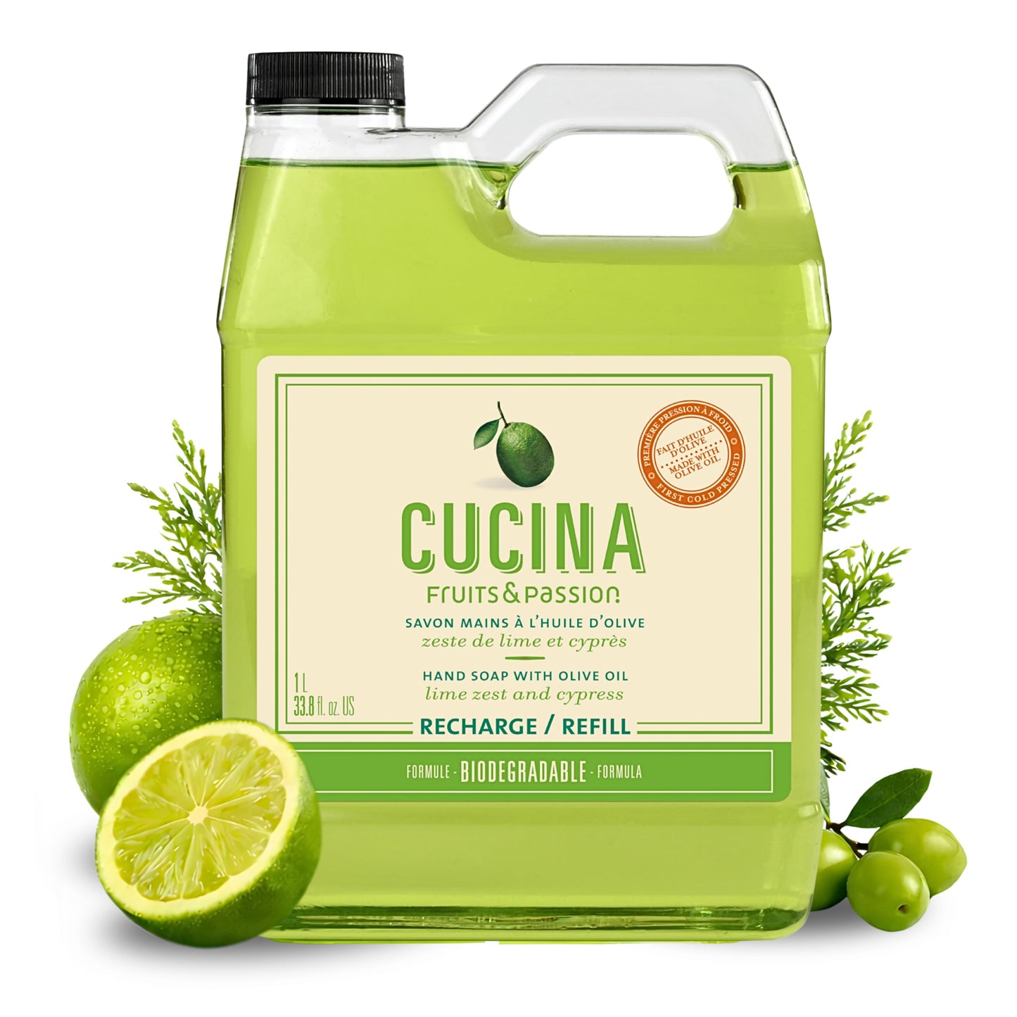 Cucina Fruits & Passion Hand Soap Refill, Lime Zest & Cypress, 1 L (33.8 fl oz), Liquid Hand Soap with Moisturizing Olive Oil, Biodegradable, Vegan Beauty & Personal Care Fruits and Passion