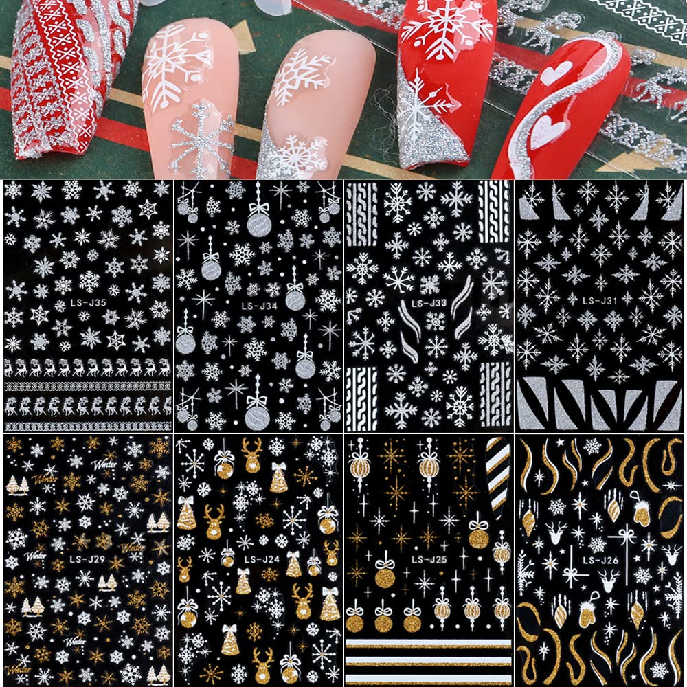 Christmas Nail Art Stickers, Snowflake Nail Decals 3D Self-Adhesive Gold Silver White Snowflake Elk Bell Xmas Tree Winter Nail Design DIY Christmas Beauty & Personal Care Qdsuh