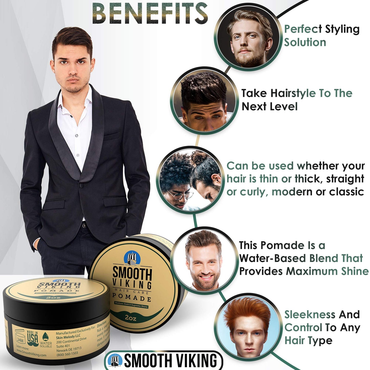 Smooth Viking Medium Hold & High Shine Pomade - Water Based Hair Cream for Curly, Thick & Straight Hair - Men's Hair Product - Made in USA, 2oz Beauty & Personal Care SMOOTH VIKING BEARD CARE