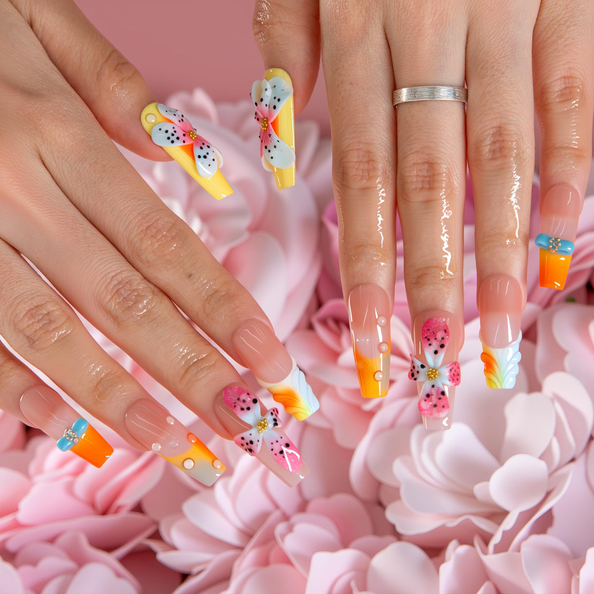 FAIRY WINGS Reusable Press on Nails | Salon Quality Sustainable Style Handcrafted with Luxury Design | COFFIN CLASSIC (W0001, L)