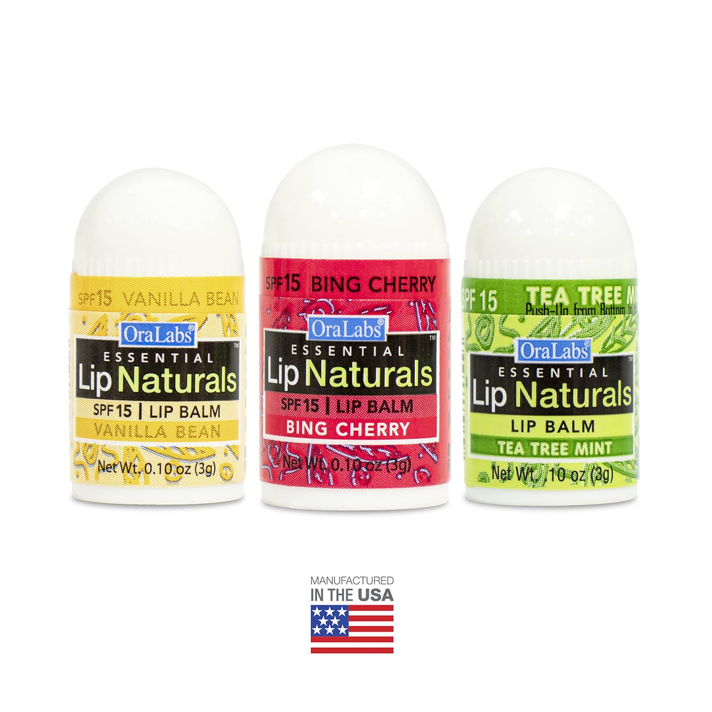 Lip Naturals Assorted Mini Lip Balms with Sunscreen (SPF-15) & Keychain - 12 Count, 3 Flavors: Tea Tree Mint, Vanilla Bean, Bing Cherry (0.10oz/3g Beauty & Personal Care LIP NATURALS