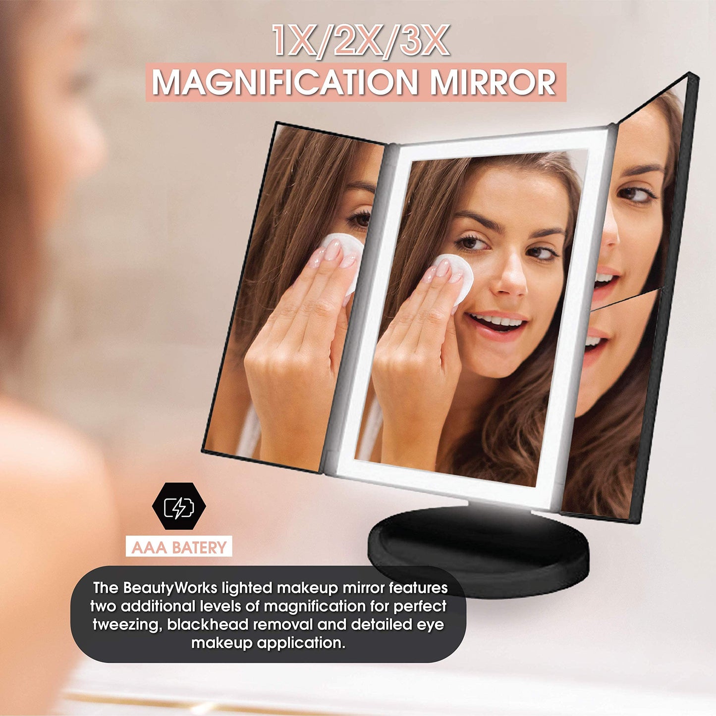 Beautyworks Backlit Makeup Vanity Mirror 36 LED Lights Touch-Screen Light Control, Tri-Fold 1/2/3X Magnification, Portable High-Definition Cosmetic Beauty & Personal Care Beautyworks