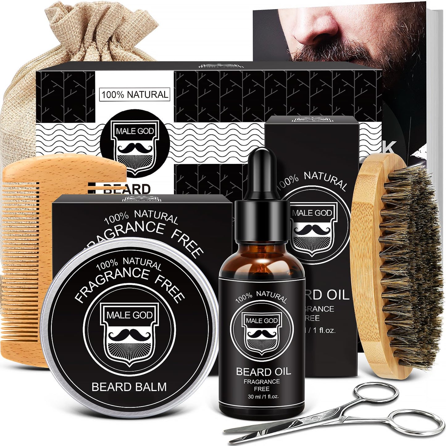 MALE GOD Beard Kit for Men's Grooming & Care, Natural Ingredients Beard Oil, Balm, Brush, Comb, Stocking Stuffers for Adult Men, Chirismtas & Birthday Beauty and Personal Care MALE GOD