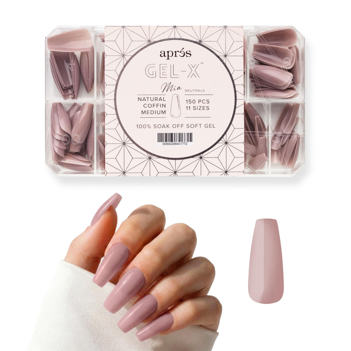 Apres Neutrals Gel-X Mia Box Of Press On Nails, 11 Sizes 00-9, Soft Gel Nail Tip Box (150pcs) (Natural Coffin Medium, 150pcs)