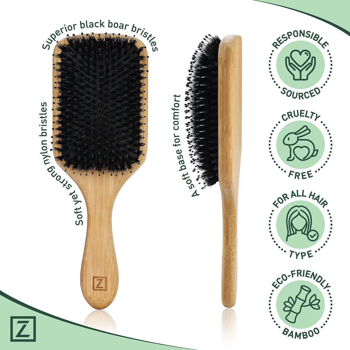 Natural Boar Bristle Hair Brush for Women, Men, Kids; Dry and Wet Detangling Hair Brush Gently Enhances Shine, Smooths Frizz and Prevents Breakage Beauty & Personal Care Zollo