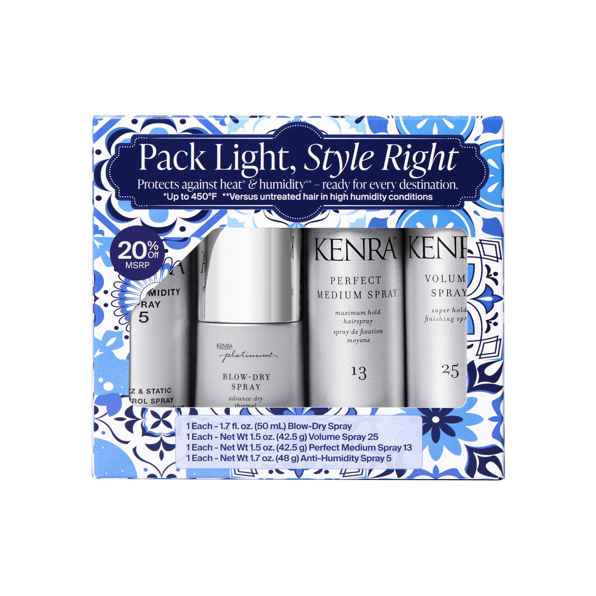 Kenra Travel Set Pack Light, Style Right | Hair Styling Gift Set | 4 pc. Value Kit | Volume, Blow-Dry, Anti-Humity, Perfect Medium Hair Sprays