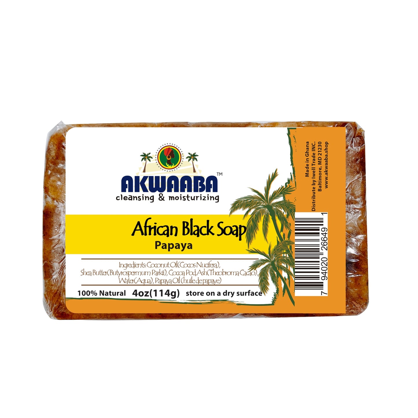 AKWAABA African Black Soap | Papaya | Bar Soap | 4 oz | For Face & Body Beauty & Personal Care AKWAABA
