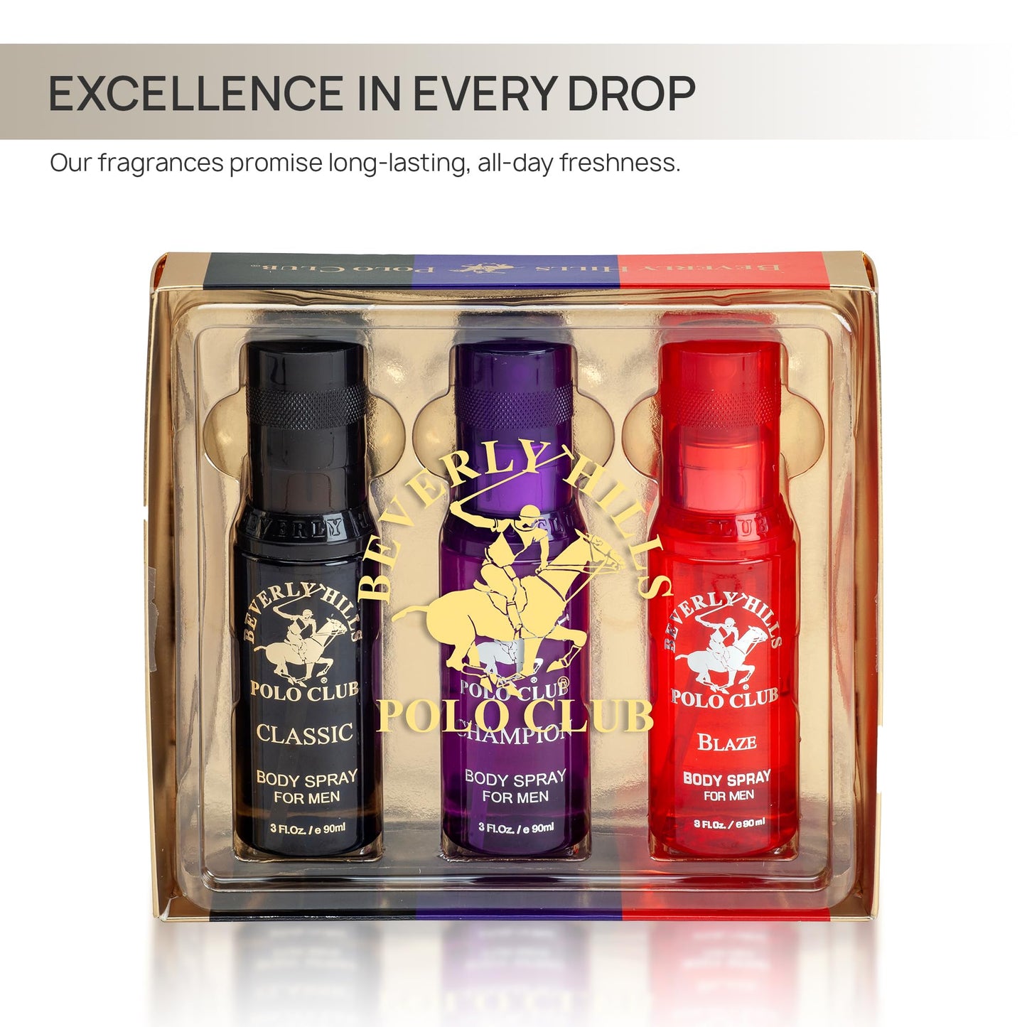 Beverly Hills Polo Club 3 Piece Body Spray Collection: Champion, Classic, Blaze (9 fl Oz, Different Fragrances) Beauty & Personal Care Beverly Hills Polo Club