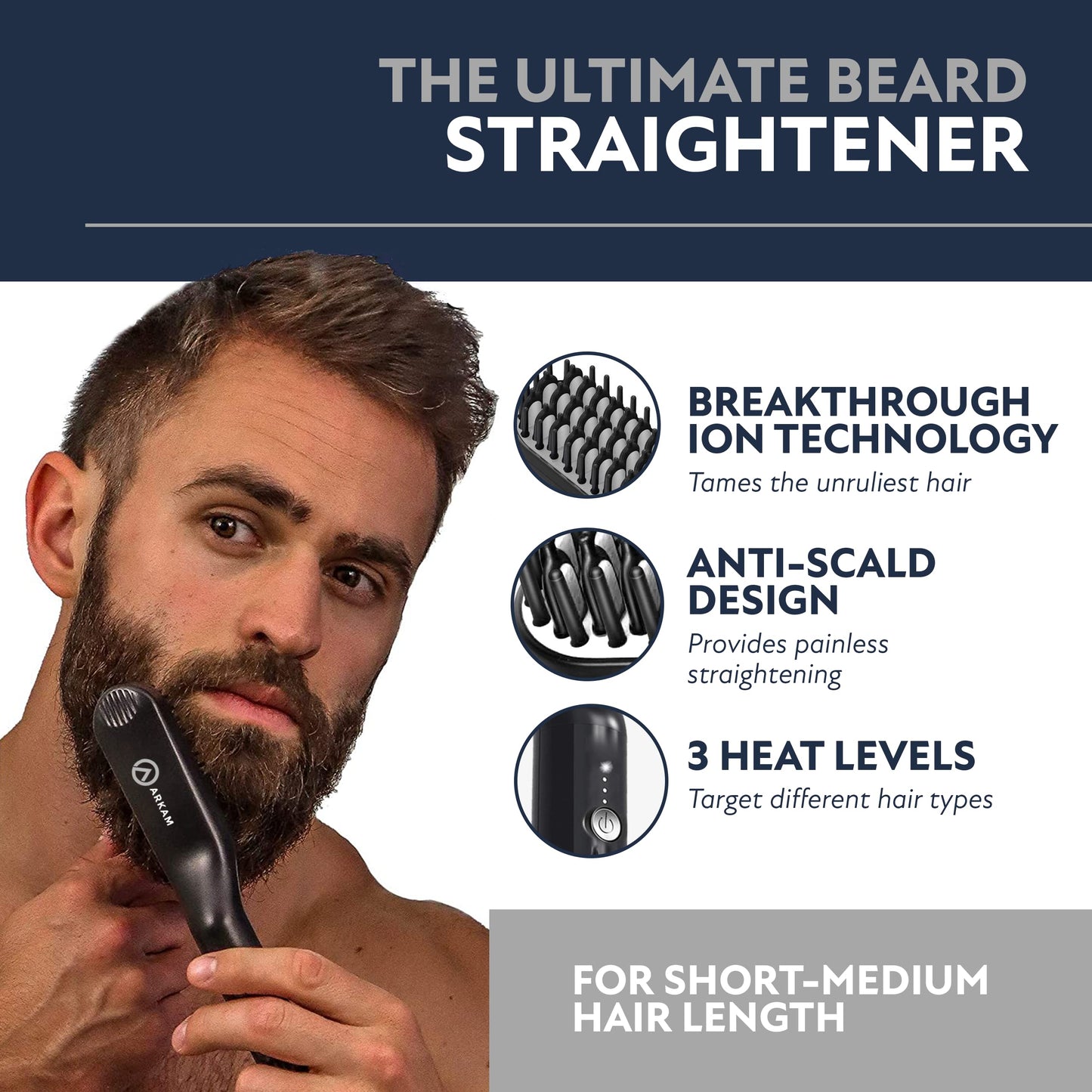 Arkam Beard Straightener for Men - Original Heated Beard Brush Kit w/Anti-Scald Feature, Dual Action Hair Comb and Travel Bag for Short to Medium Beauty and Personal Care Arkam