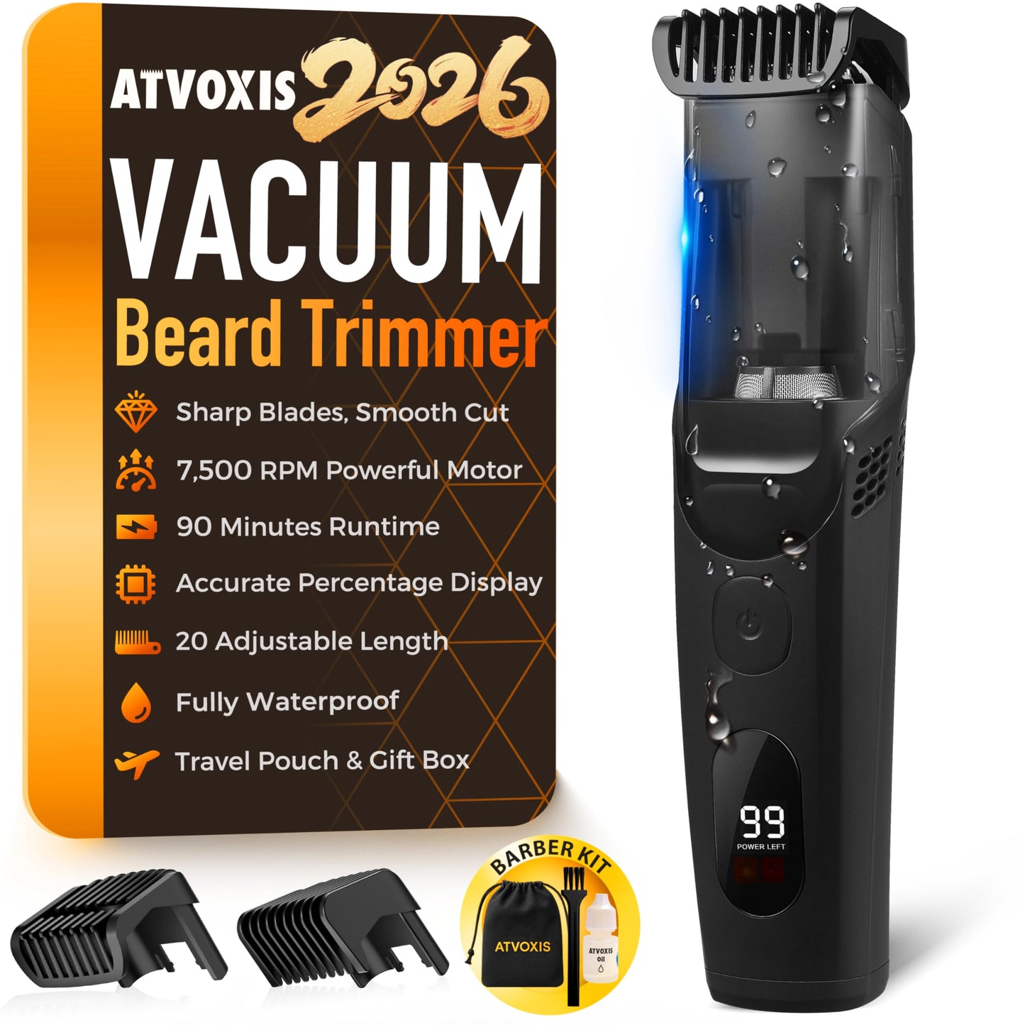 ATVOXIS Vacuum Beard Trimmer for Men Rechargeable, IPX6 Waterproof Mustache Trimmer with Adjustable Length Combs (1/25’’-4/5’’), Men’s Electric Beauty and Personal Care ATVOXIS